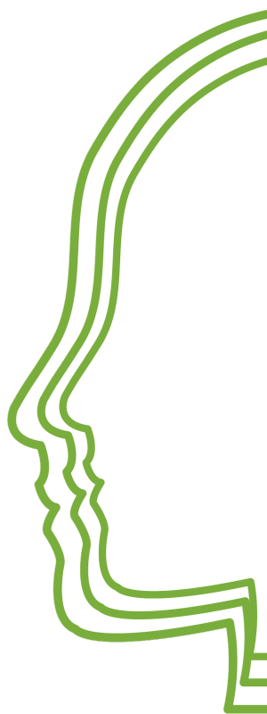 tekening van hoofd in groene lijnen, 3x in steeds kleiner formaat.